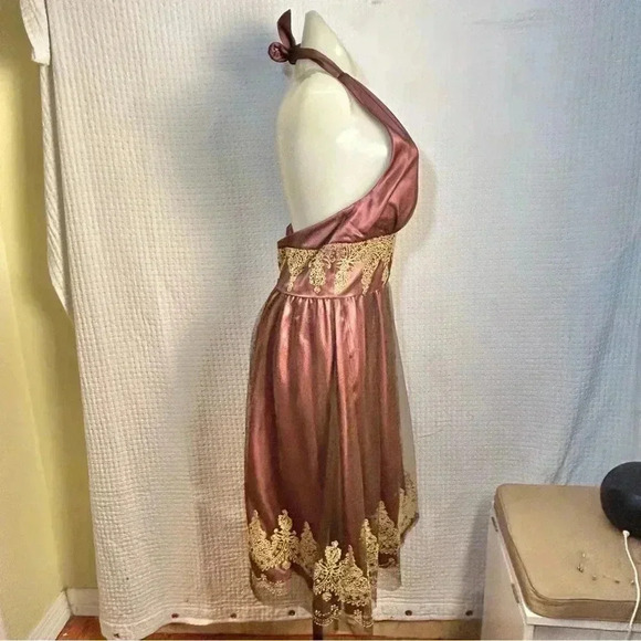 Women 8 Sexy Goth Witchy Formal Adrianna Papell Mesh Overlay Halter Dress Salmon - Picture 7 of 16